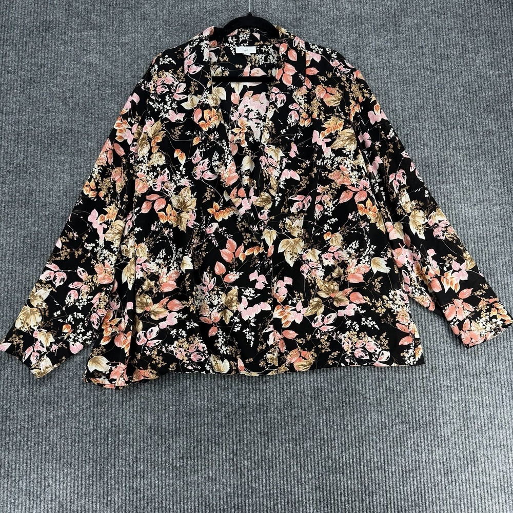 J Jill Women's 3X Faux Wrap Floral Blouse Black Pink Lightweight Top